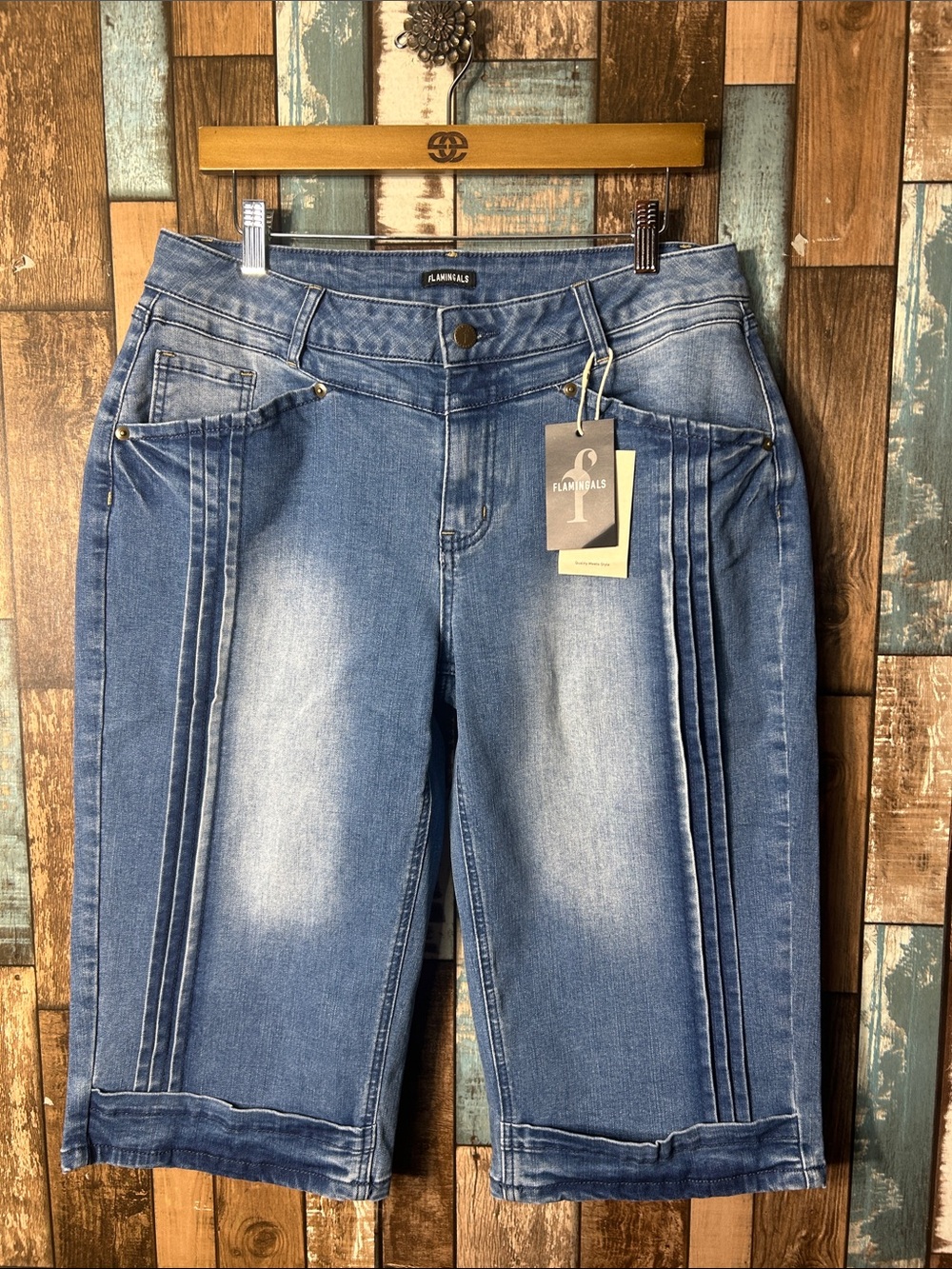 Flamingals Blue Paneled Denim Jean shorts
